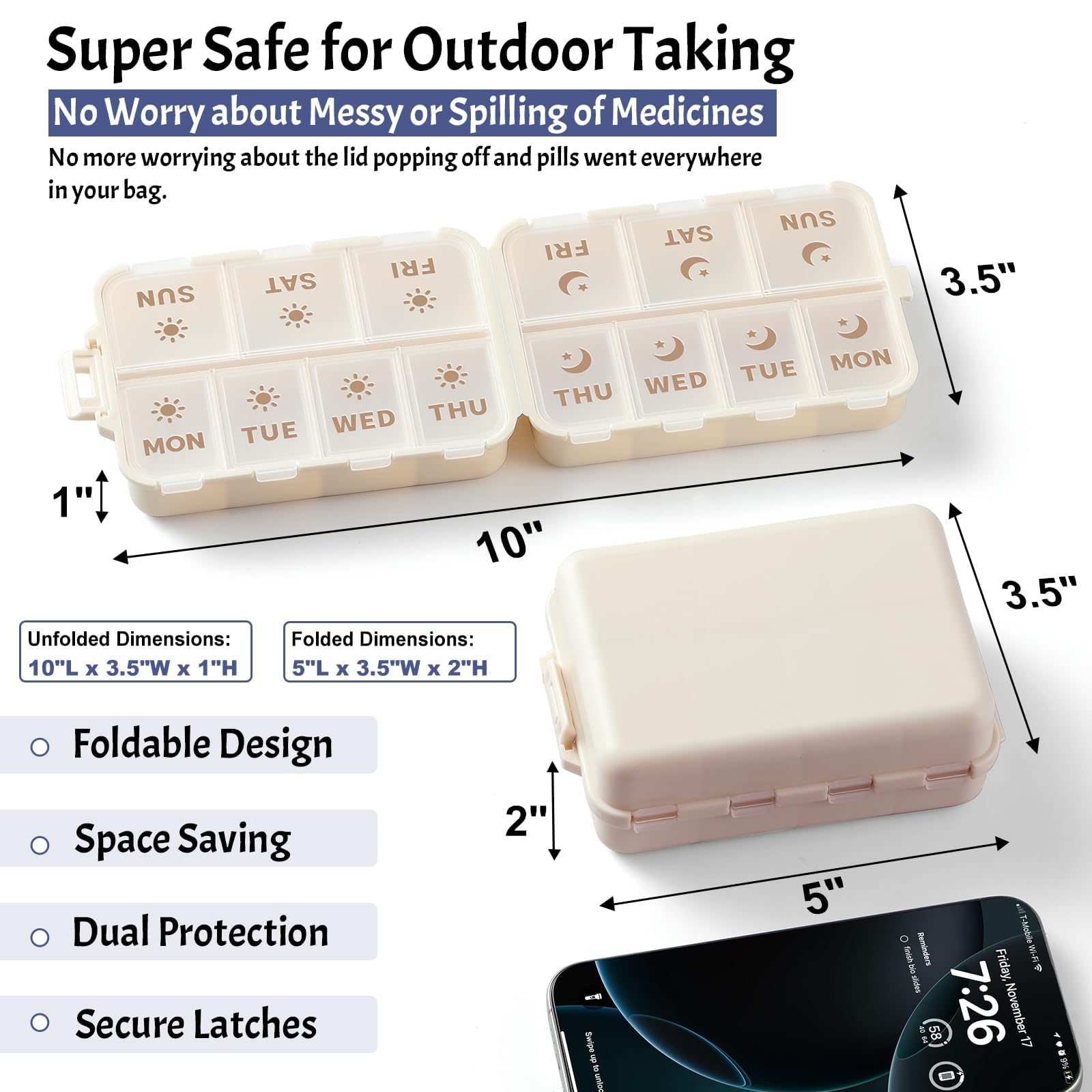 Side profile demonstrating the space saving foldable travel design of the daily vitamin dispenser.