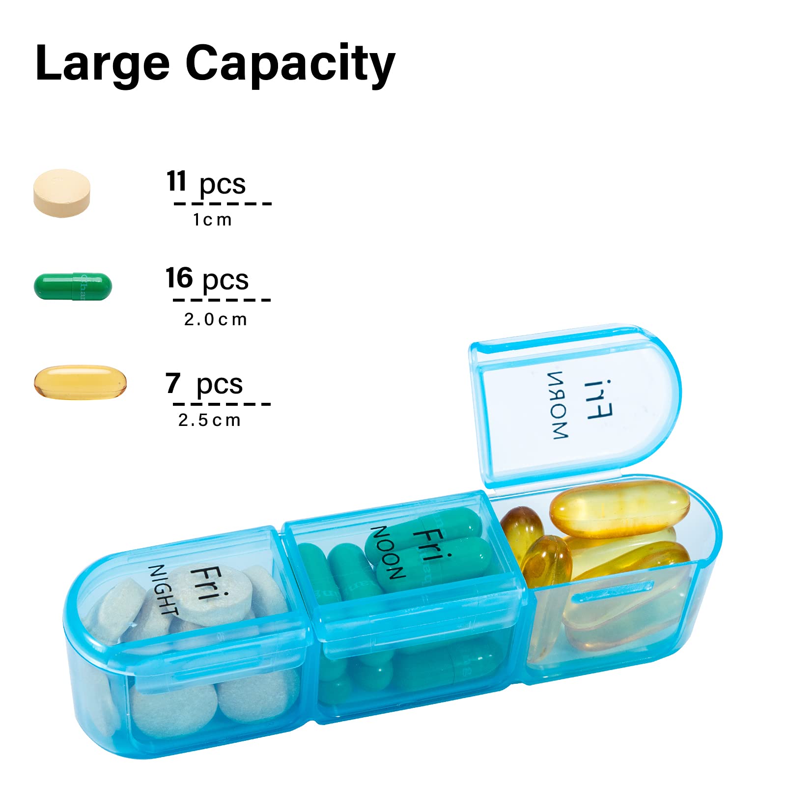 Daviky daily medicine box opened to demonstrate the removable seven day travel strips.