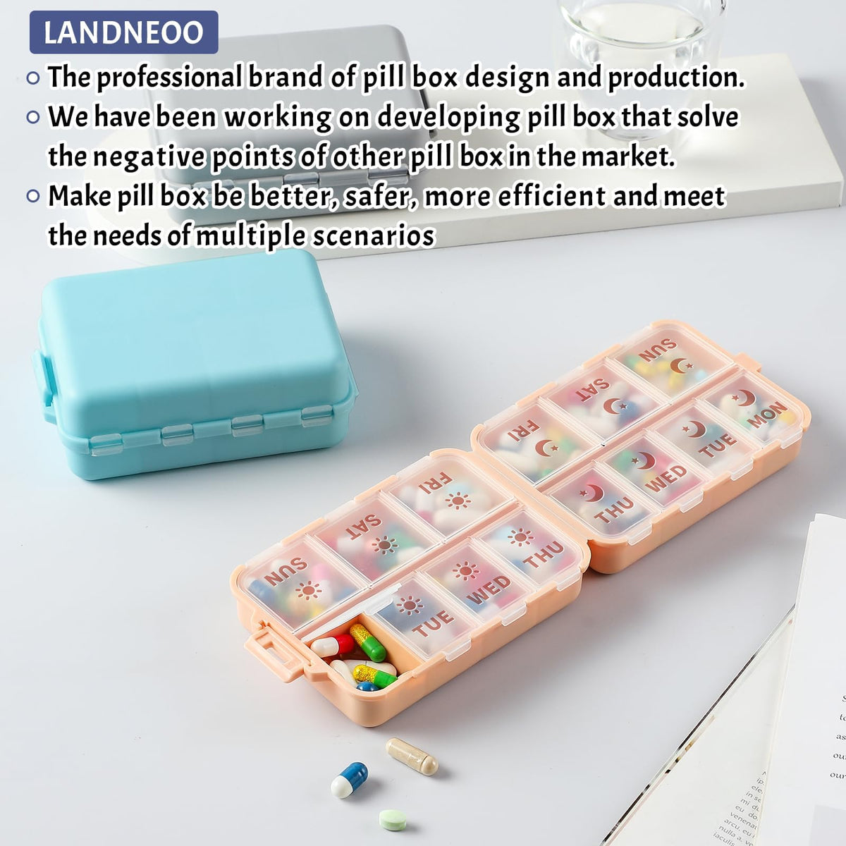 The premium imported weekly pill container placed next to daily vitamins inside a travel bag.