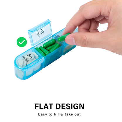 Premium food grade material daily pill organizer being filled with vitamin capsules.