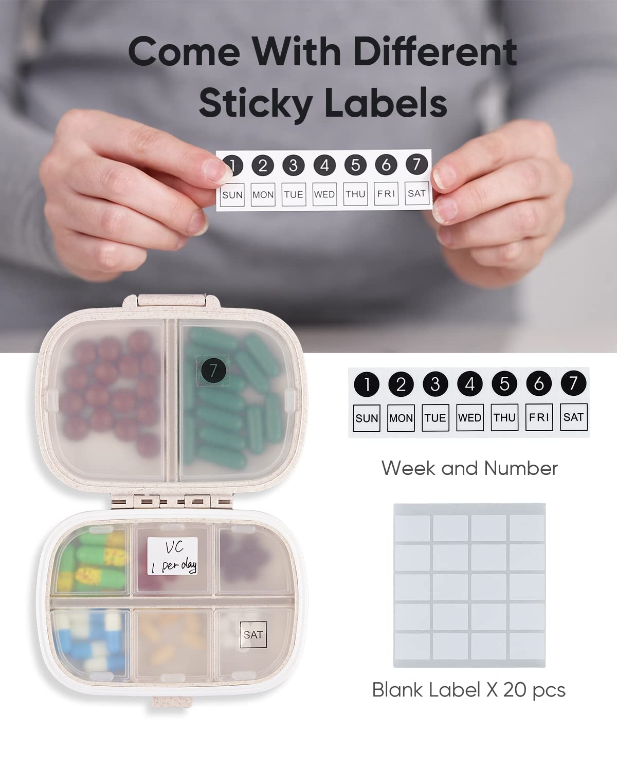Holii portable pill box open showing six small and two large compartments