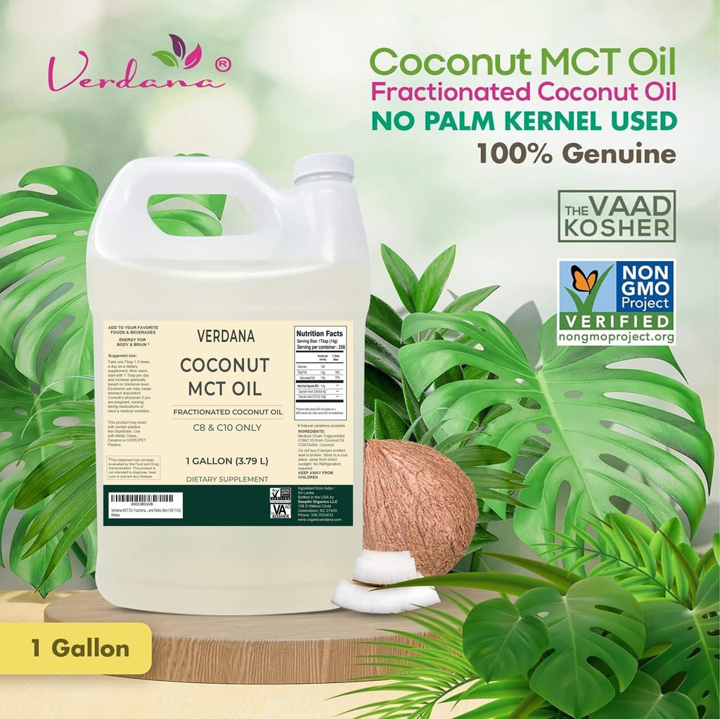 Verdana pure coconut MCT oil poured into a clear glass showing liquid clarity