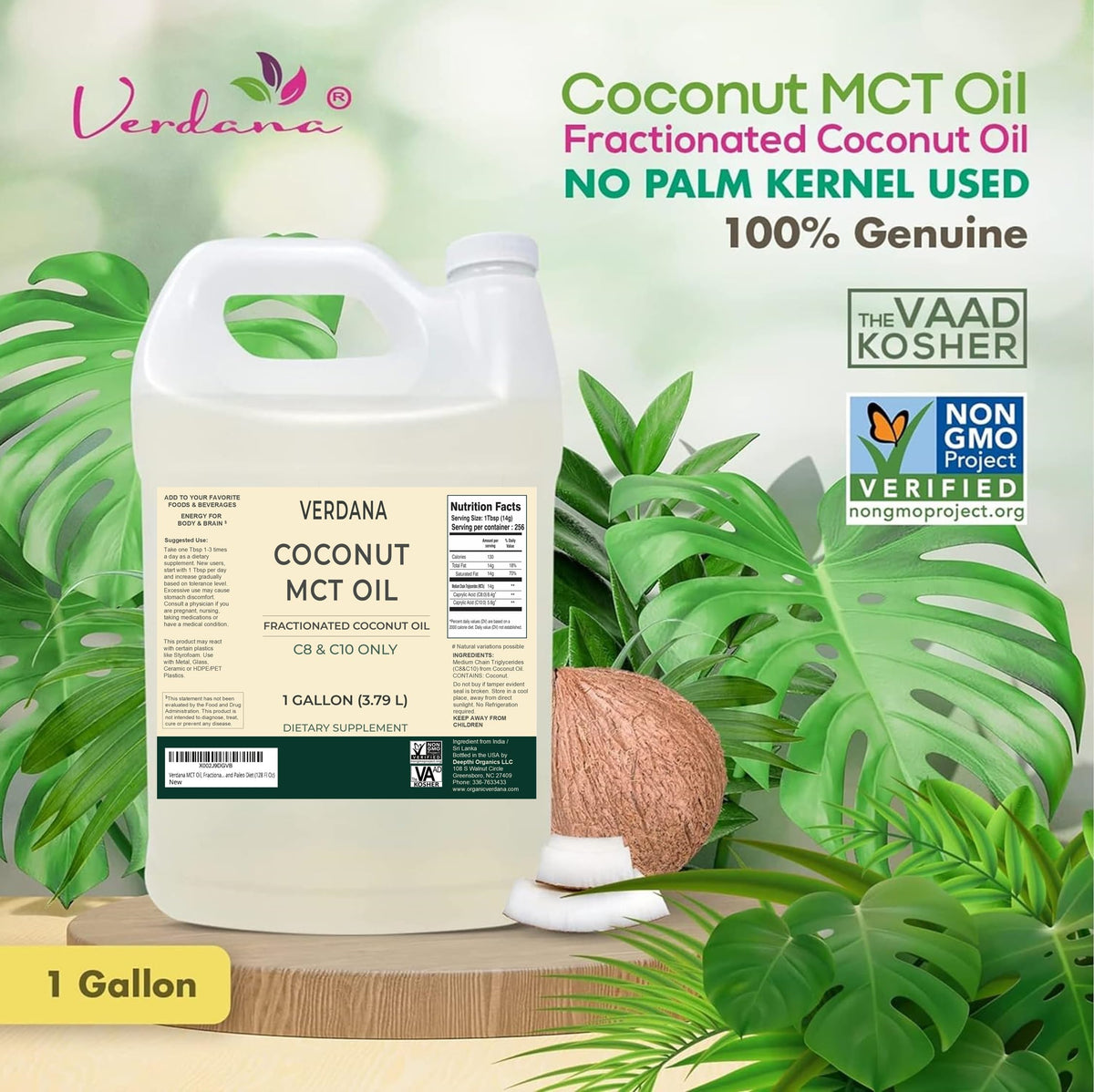 Verdana pure coconut MCT oil poured into a clear glass showing liquid clarity
