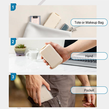 LANDNEOO foldable weekly pill dispenser case being placed inside a travel tote bag.