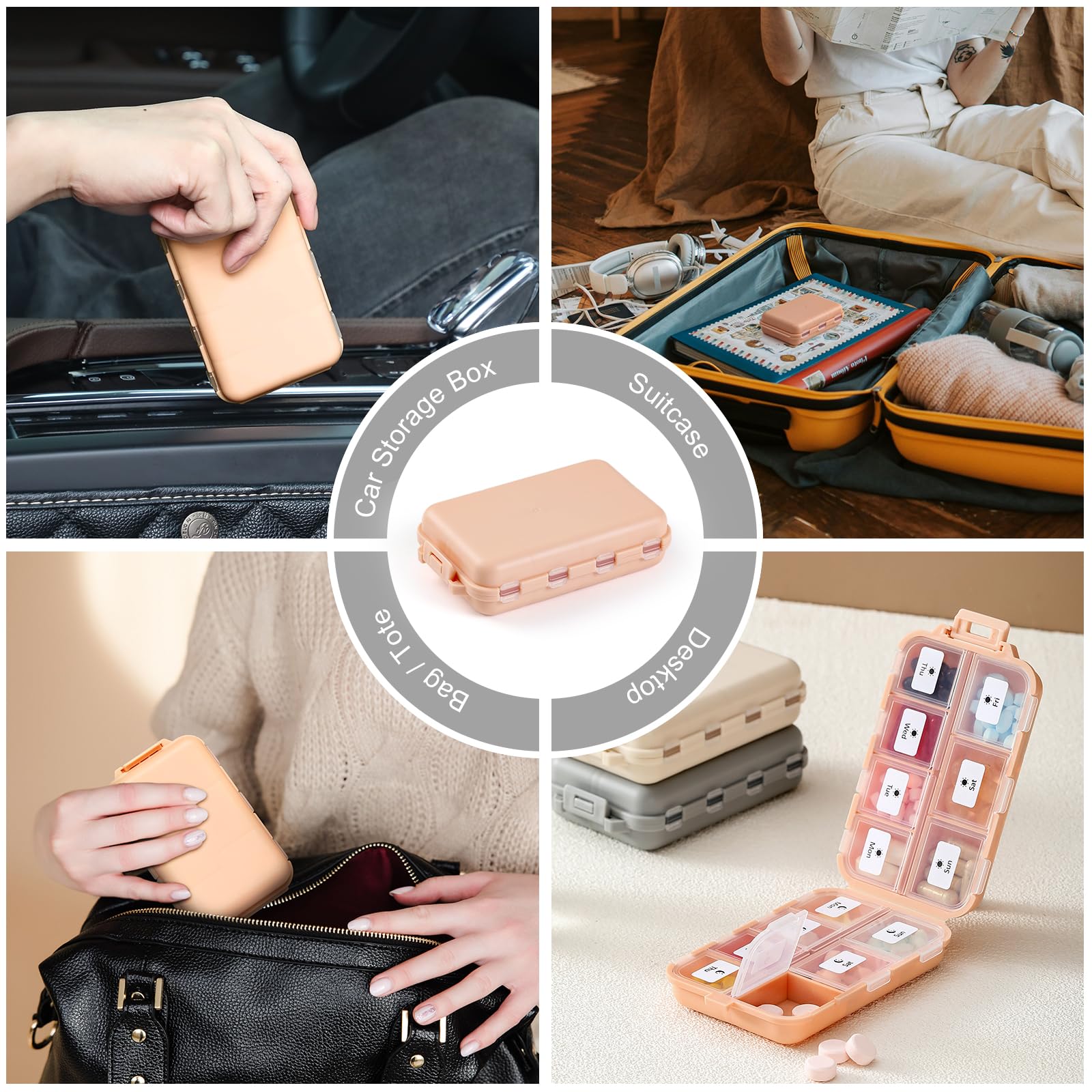 LANDNEOO portable supplement storage box with white adhesive tags for custom dosage tracking.