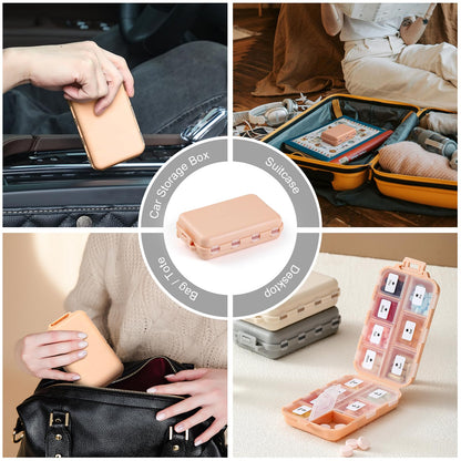 LANDNEOO portable supplement storage box with white adhesive tags for custom dosage tracking.