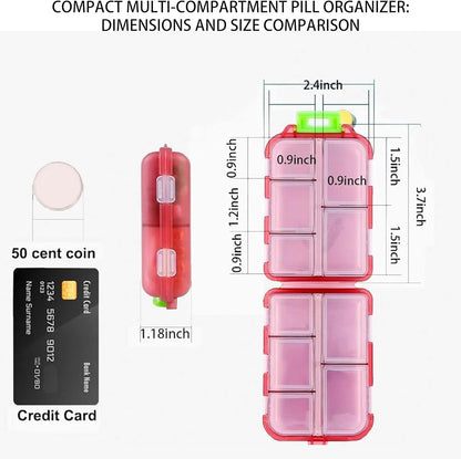 Pink travel pill organizer packed inside a purse alongside daily essentials