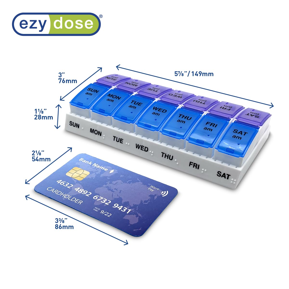 Ezy Dose Push Button Pill Planner showing easy open arthritis friendly lids