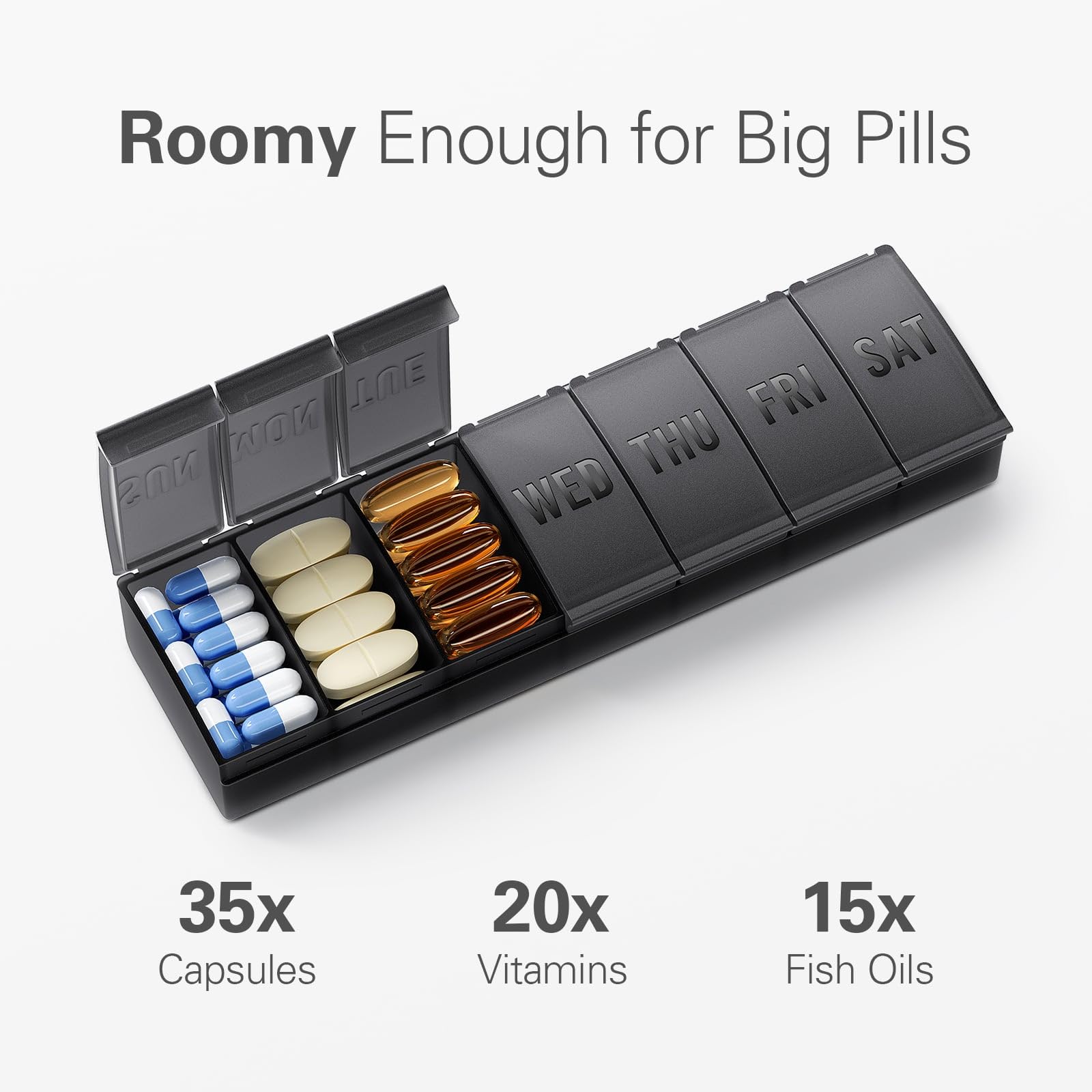 Barhon 7 day medicine box case open with vitamins inside
