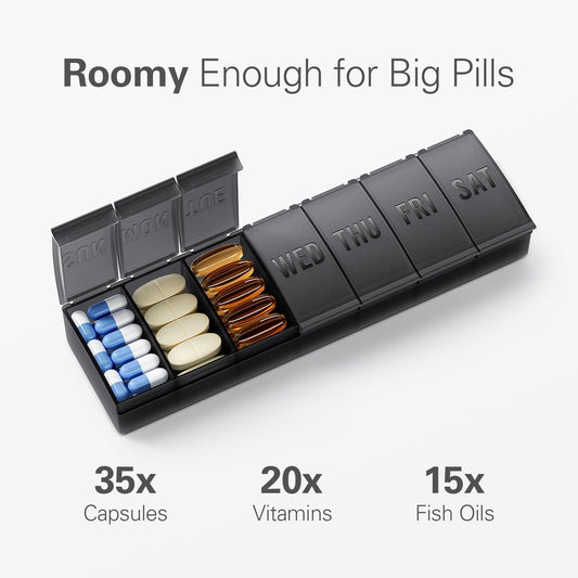 Barhon 7 day medicine box case open with vitamins inside