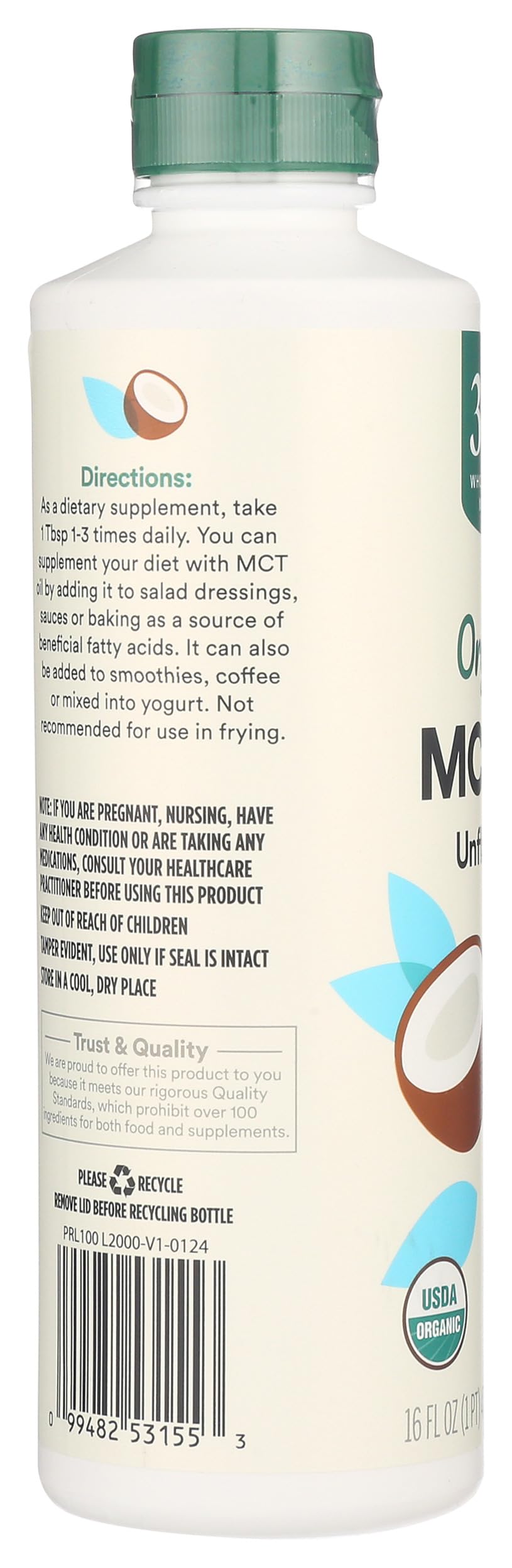 Back of 365 MCT oil bottle showing nutrition facts and ingredients