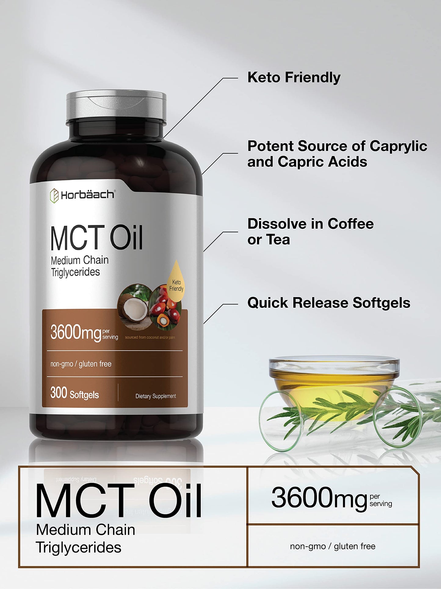 Premium coconut oil pills showing thirty-five to forty-five percent capric acid and fifty-five to sixty-five percent caprylic acid content.