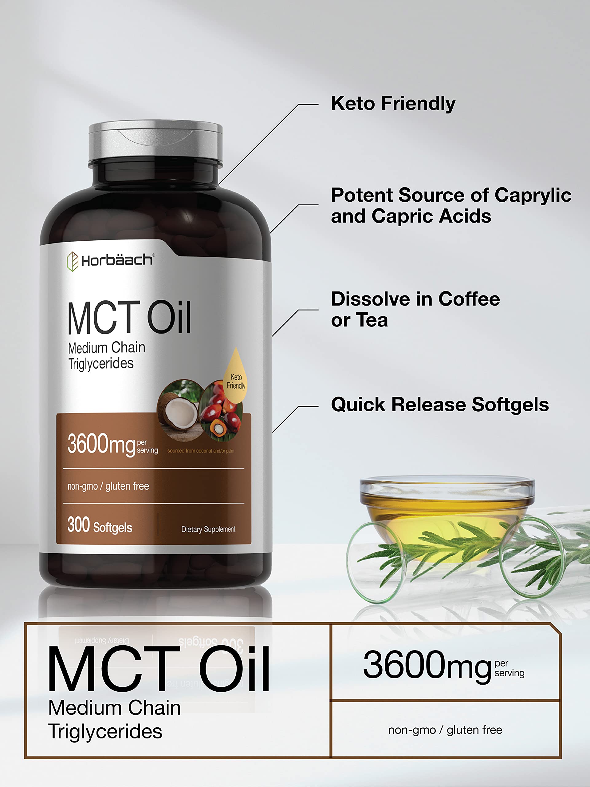 Premium coconut oil pills showing thirty-five to forty-five percent capric acid and fifty-five to sixty-five percent caprylic acid content.