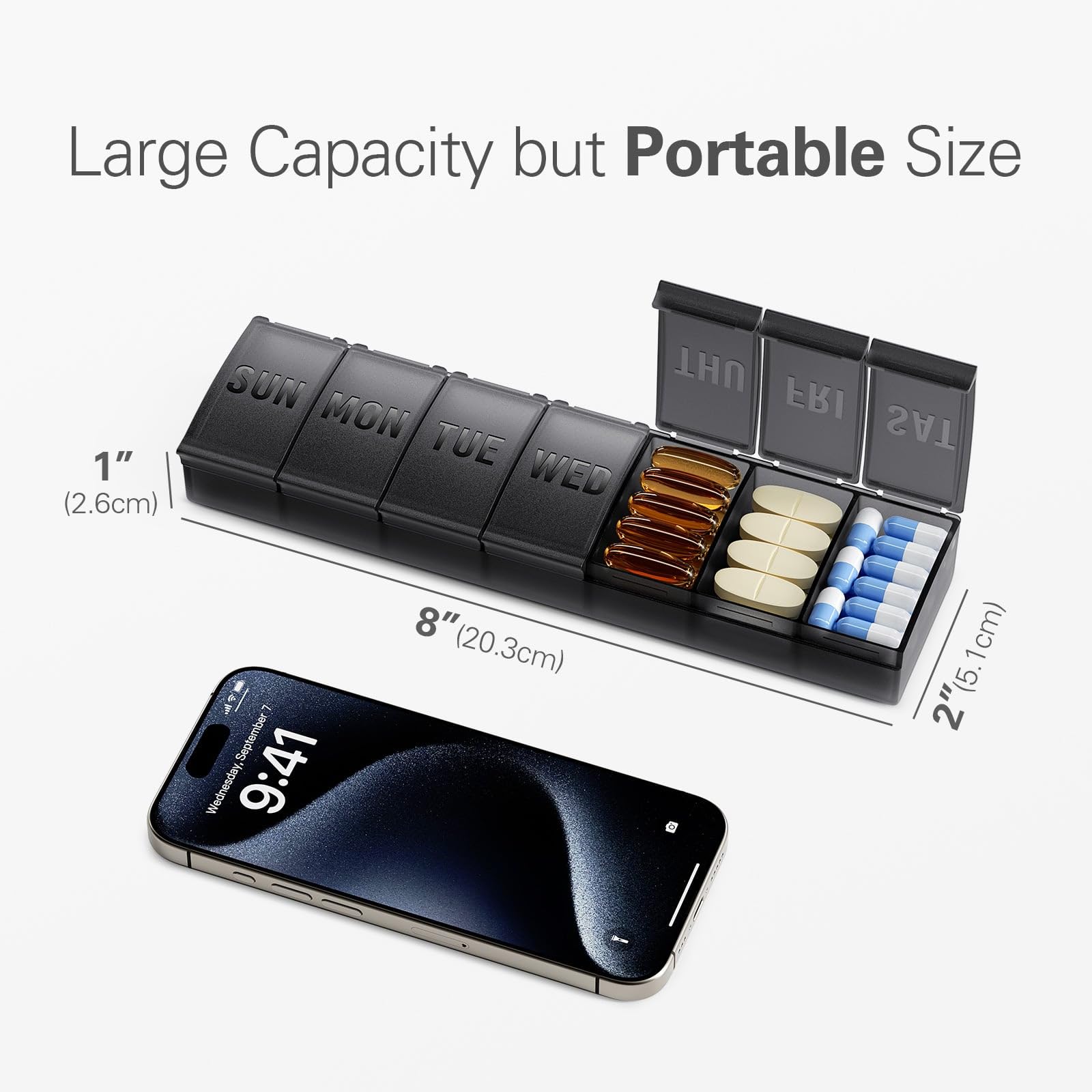 Barhon durable weekly tablet container packed for travel side view