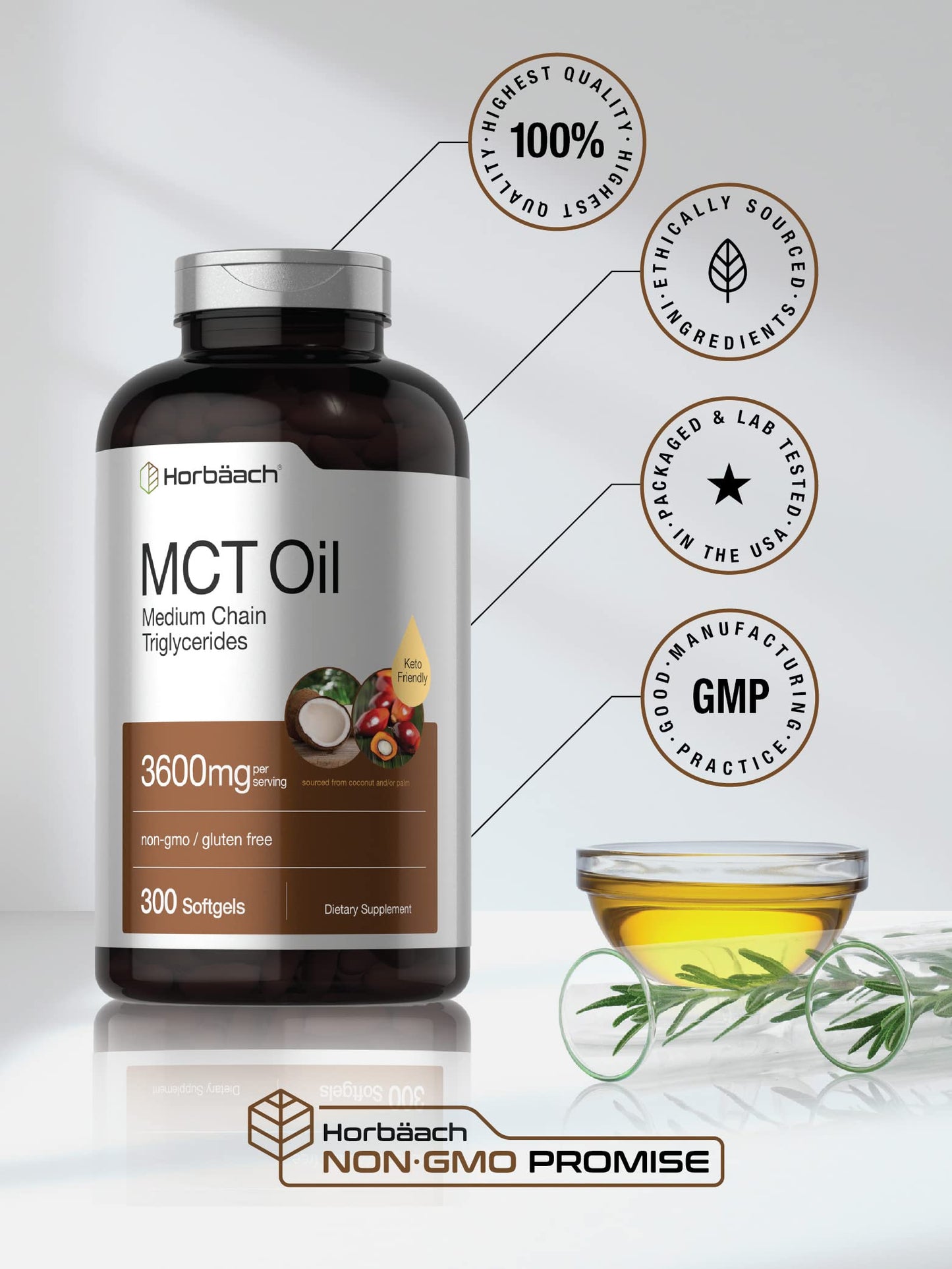 Non-GMO and gluten free Horbäach dietary supplement packaging showing laboratory tested seal.