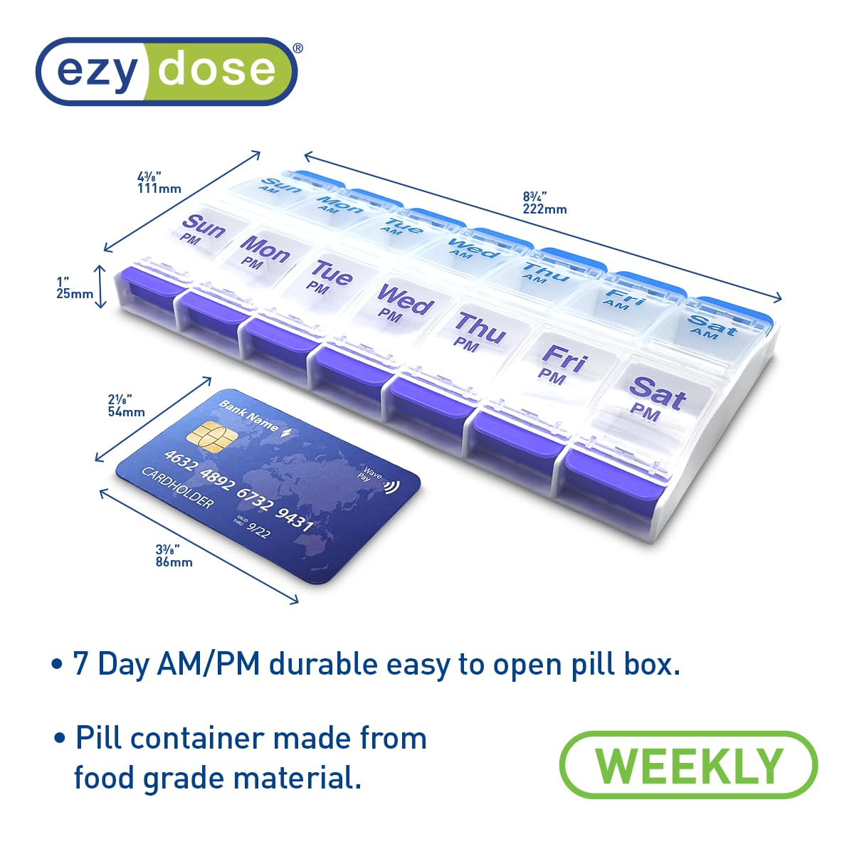 EZY DOSE Weekly Medicine Planner showing a finger pressing the arthritis-friendly push button to open a lid.