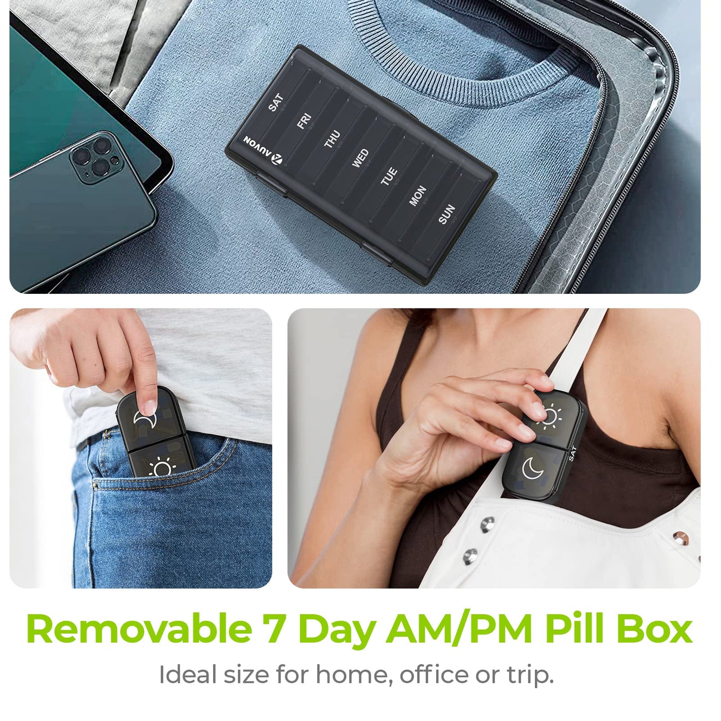 AUVON weekly supplement planner being filled with capsules on a flat surface.