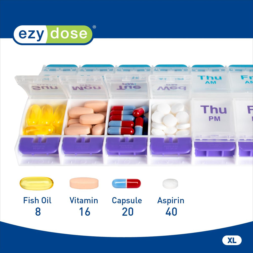 EZY DOSE Daily Vitamin Organizer angled view displaying the extra large capacity for storing multiple pills.