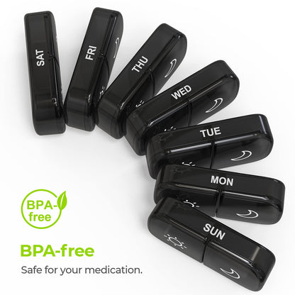 Close up of the durable letters and morning evening indicators on the black AUVON pill case.