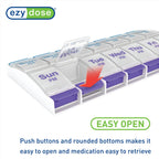 EZY DOSE AM PM Weekly Container highlighting the clear transparent lids and bold day labels.