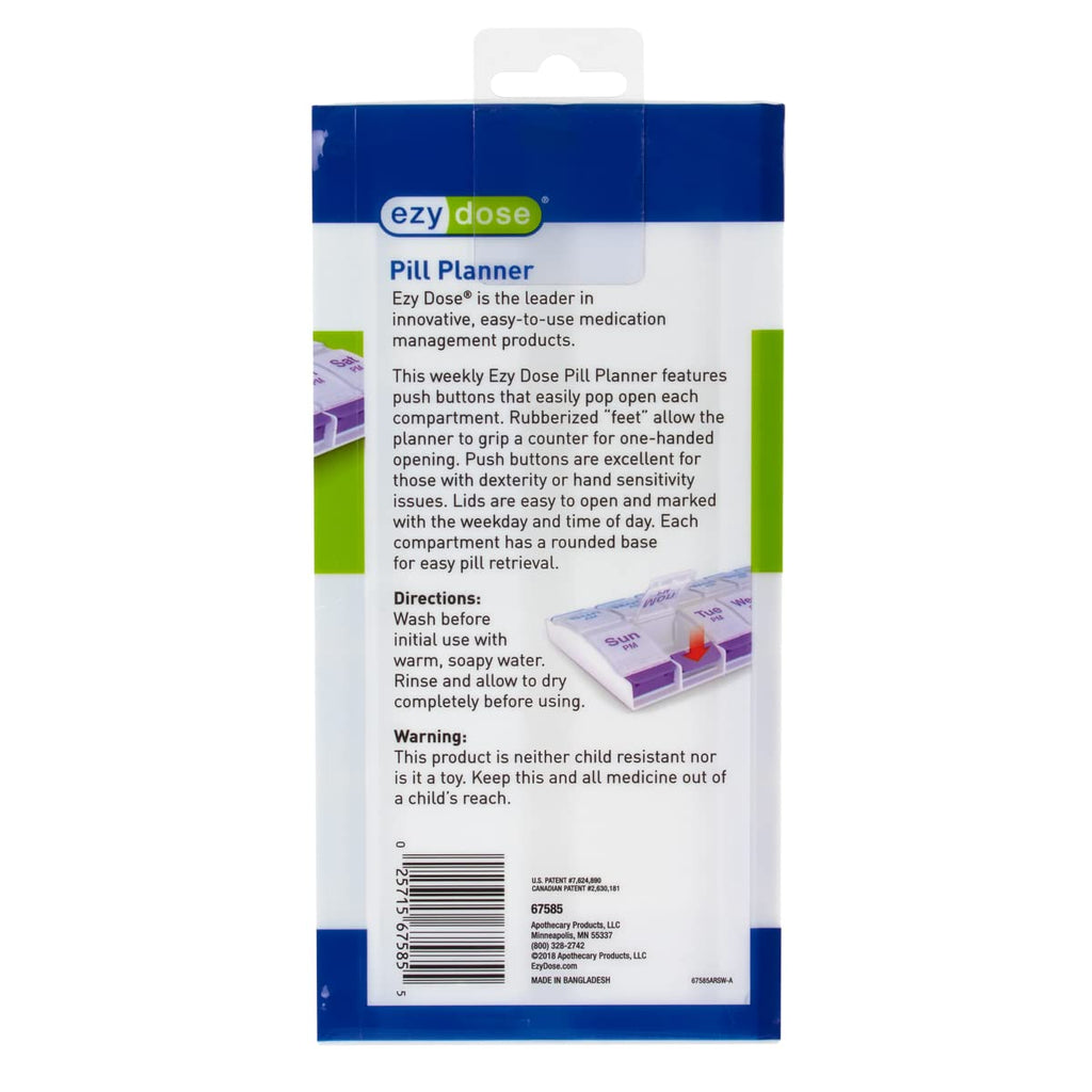 EZY DOSE 7 Day Pill Reminder with several compartments open to demonstrate the one-touch lifting mechanism.