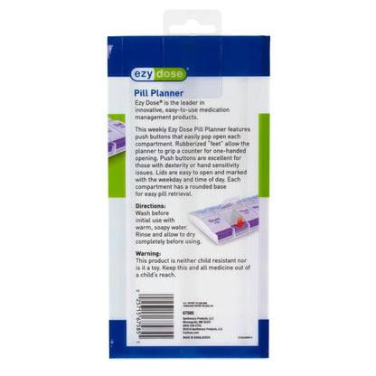 EZY DOSE 7 Day Pill Reminder with several compartments open to demonstrate the one-touch lifting mechanism.