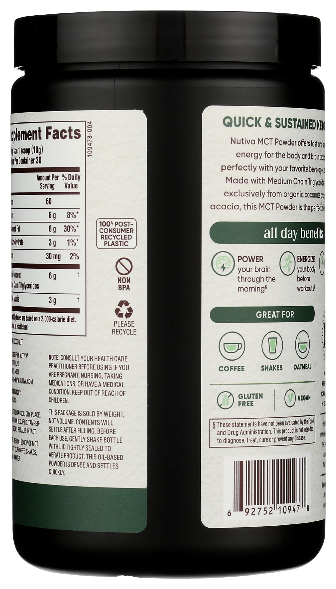 Nutiva unflavored medium chain triglycerides supplement tub displaying USDA organic certification seals.