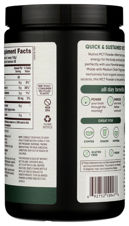 Nutiva unflavored medium chain triglycerides supplement tub displaying USDA organic certification seals.