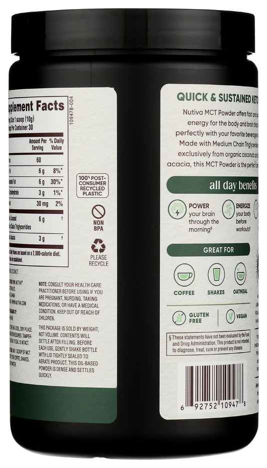 Nutiva unflavored medium chain triglycerides supplement tub displaying USDA organic certification seals.