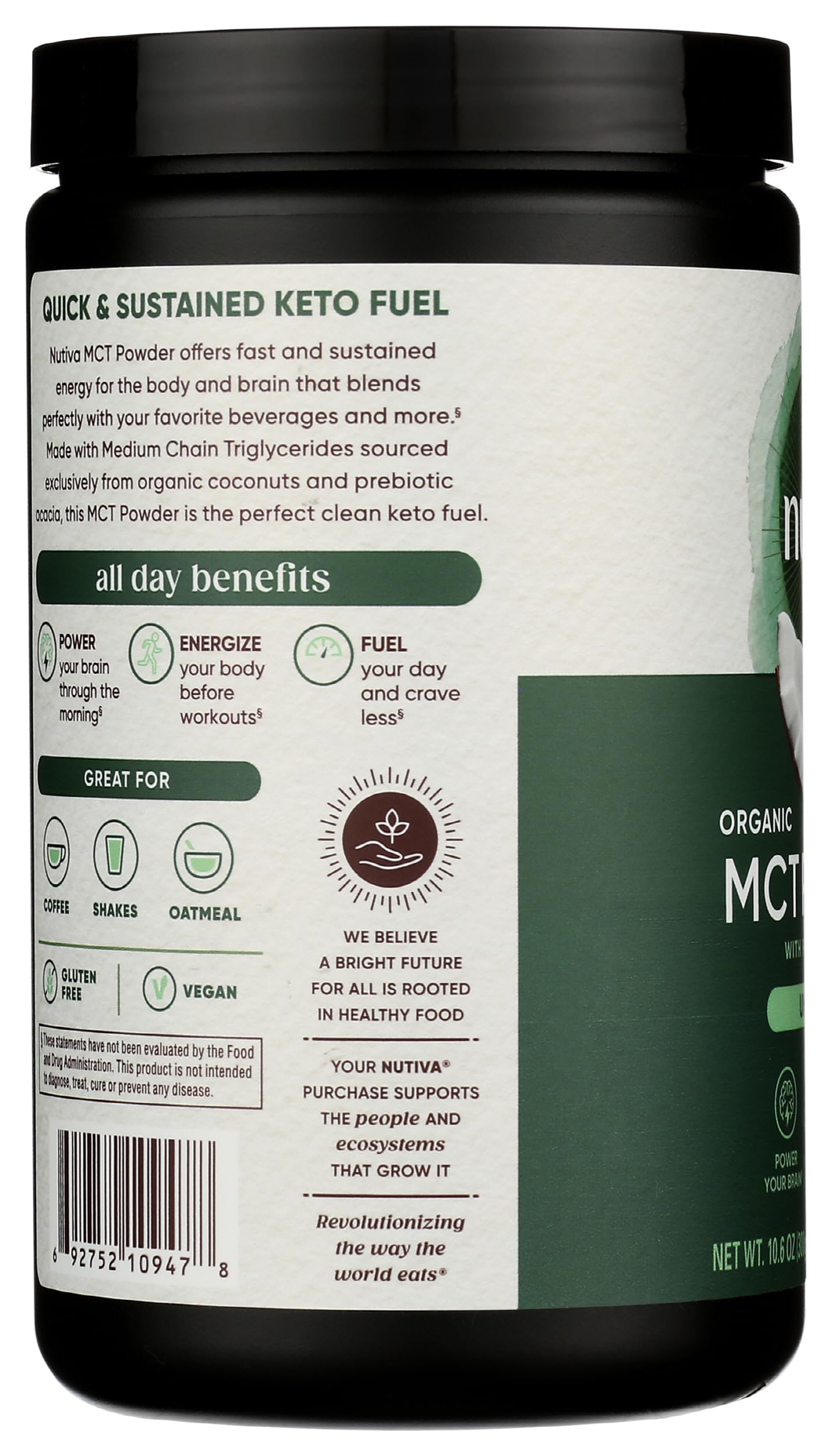 Keto certified unflavored powder container highlighting zero net carbs and prebiotic gut support.