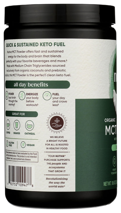 Keto certified unflavored powder container highlighting zero net carbs and prebiotic gut support.