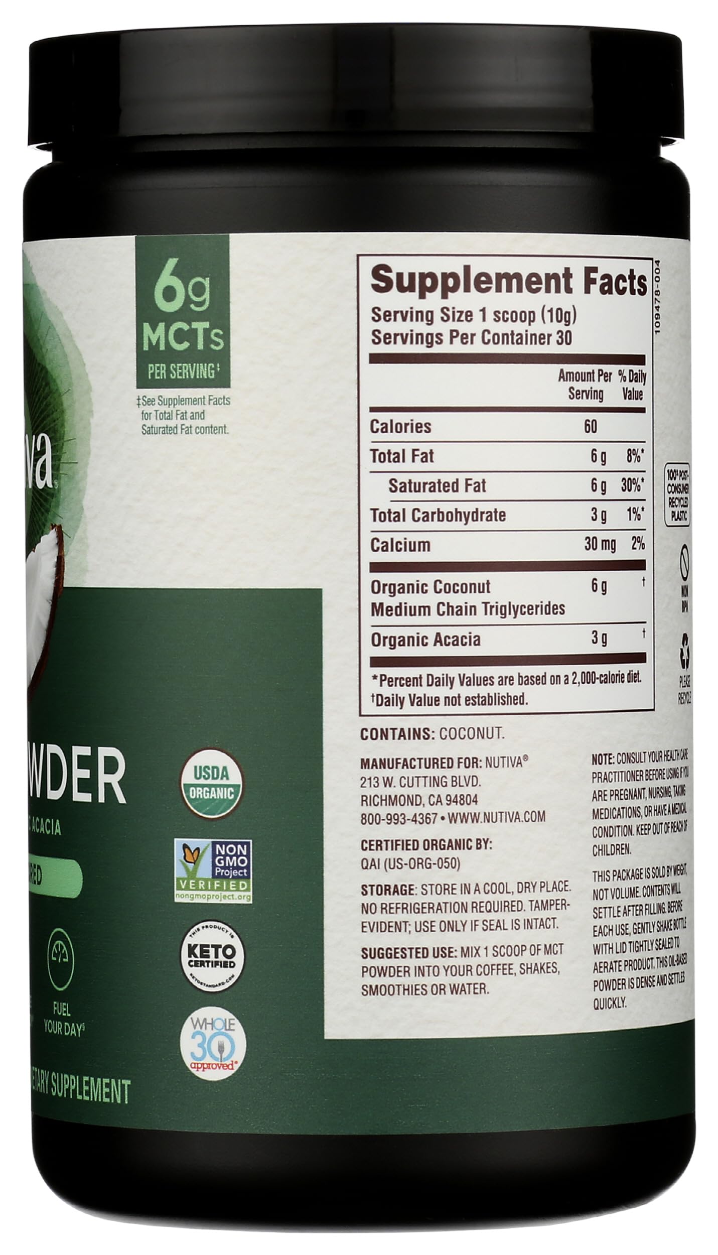 Nutiva dietary powder next to a cup of keto coffee illustrating easy mixability and usage.