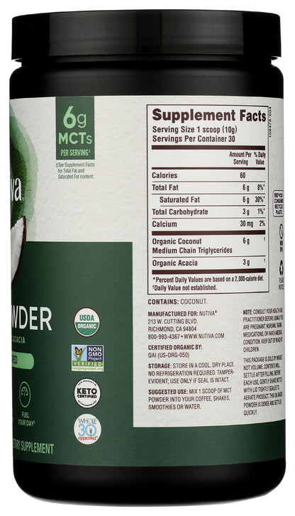 Nutiva dietary powder next to a cup of keto coffee illustrating easy mixability and usage.