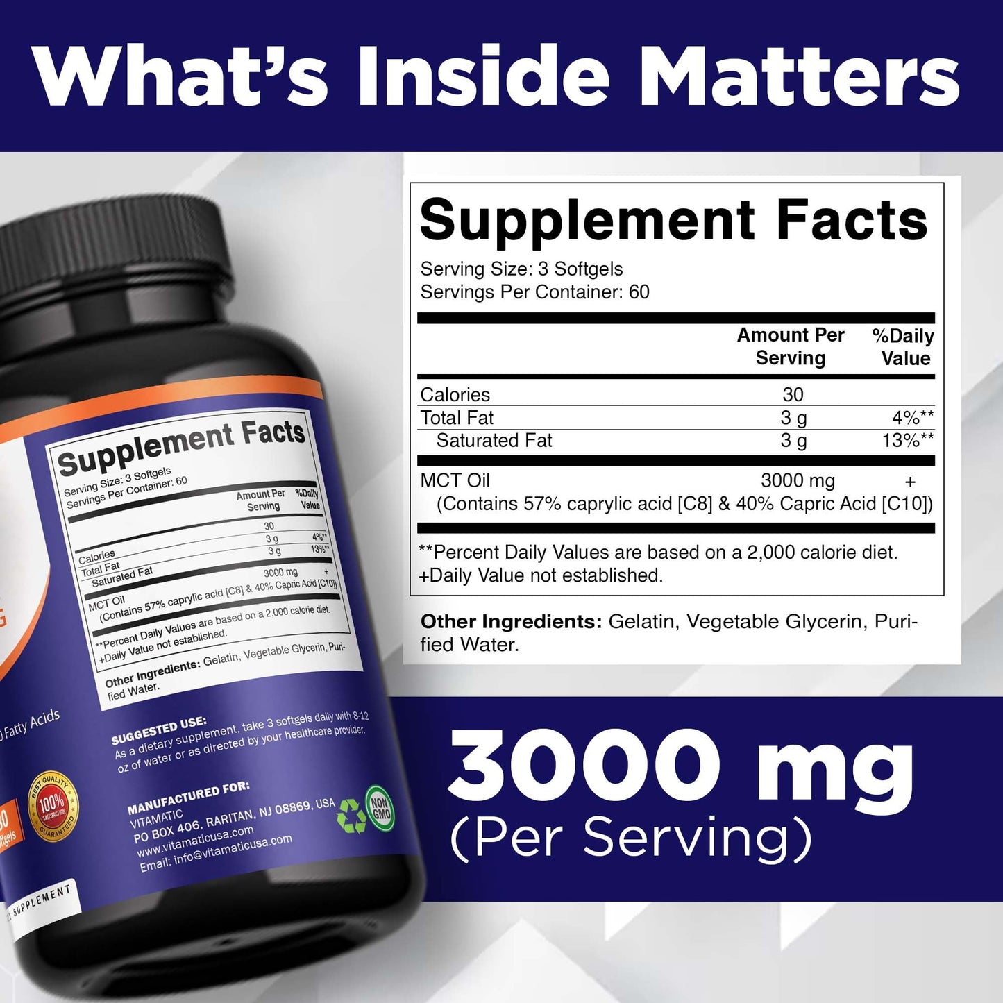 Vitamatic MCT Oil supplement bottle label details