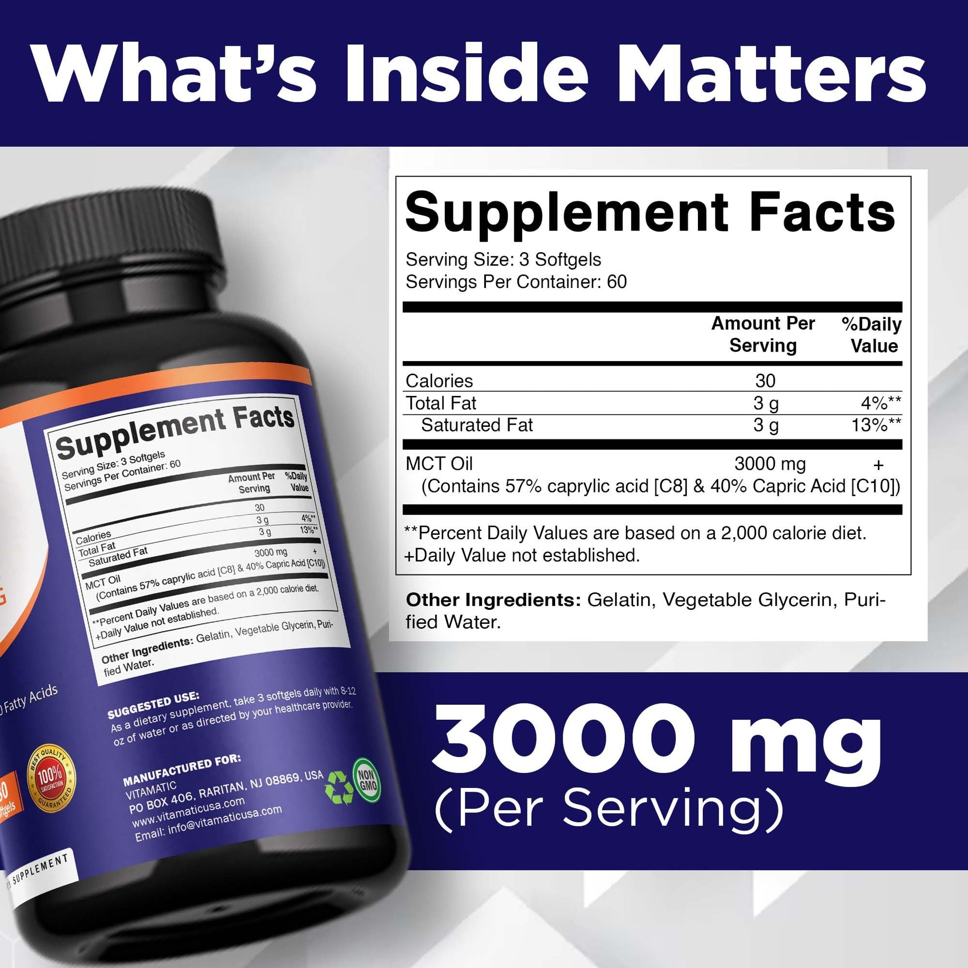 Vitamatic MCT Oil supplement bottle label details