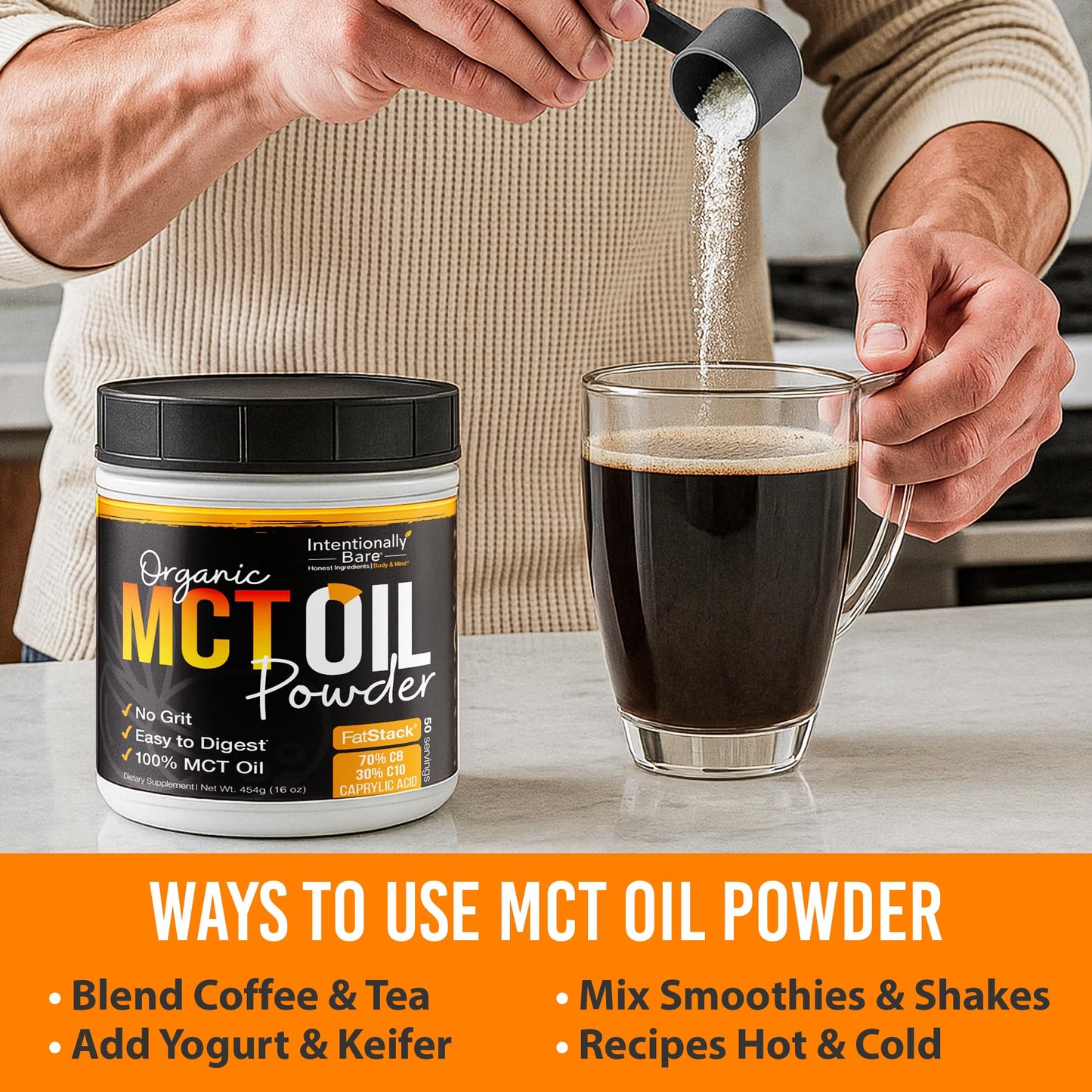 Intentionally Bare MCT powder container on a kitchen counter