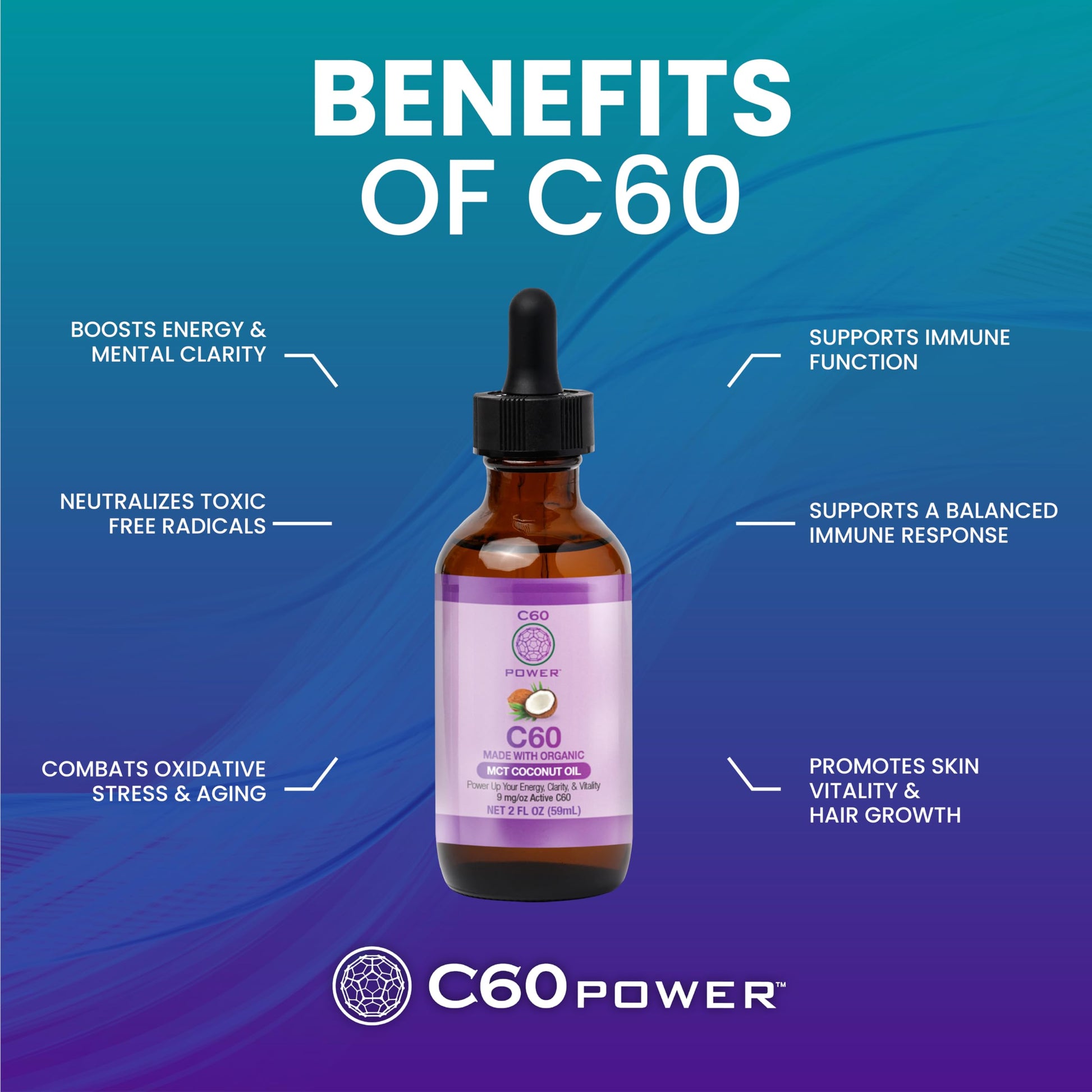 Close up of C60 Purple Power 2 fluid ounce bottle
