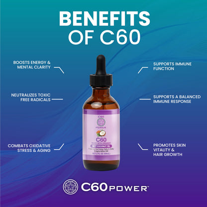 Close up of C60 Purple Power 2 fluid ounce bottle