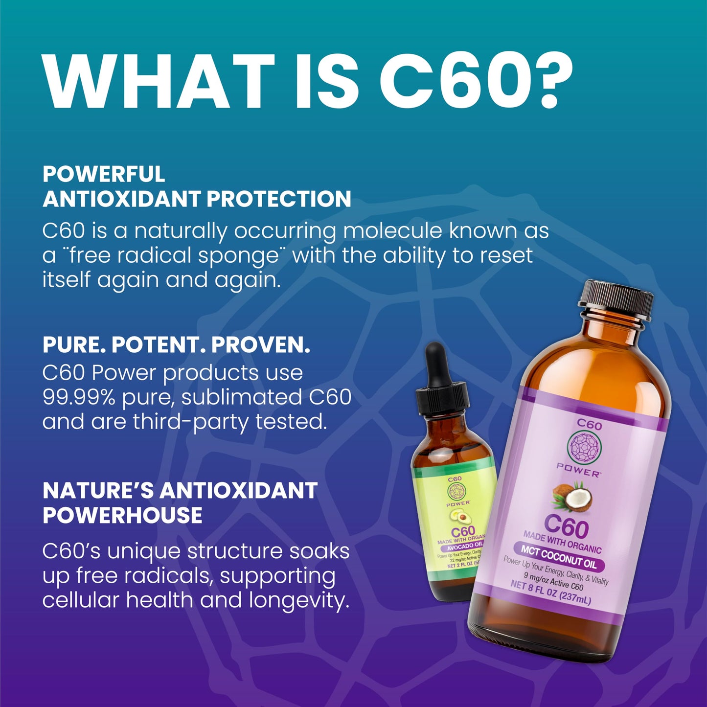 Pure Carbon 60 fullerenes antioxidant supplement bottle