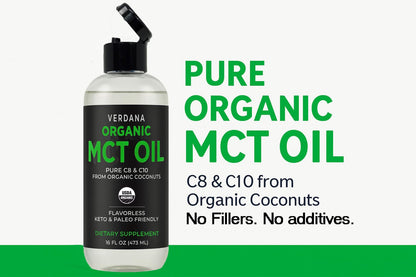 Close up of Verdana Organic MCT Oil nutritional label and ingredients