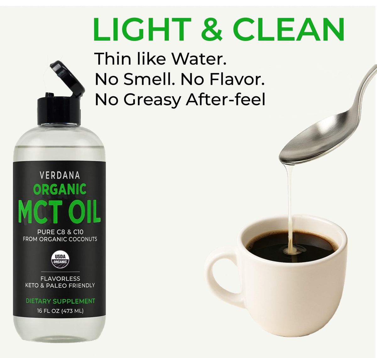 Verdana Organic MCT Oil mixed into morning coffee cup