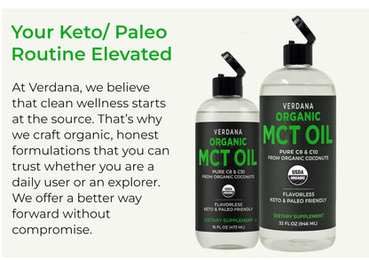 Verdana Organic MCT Oil bottle next to organic coconuts