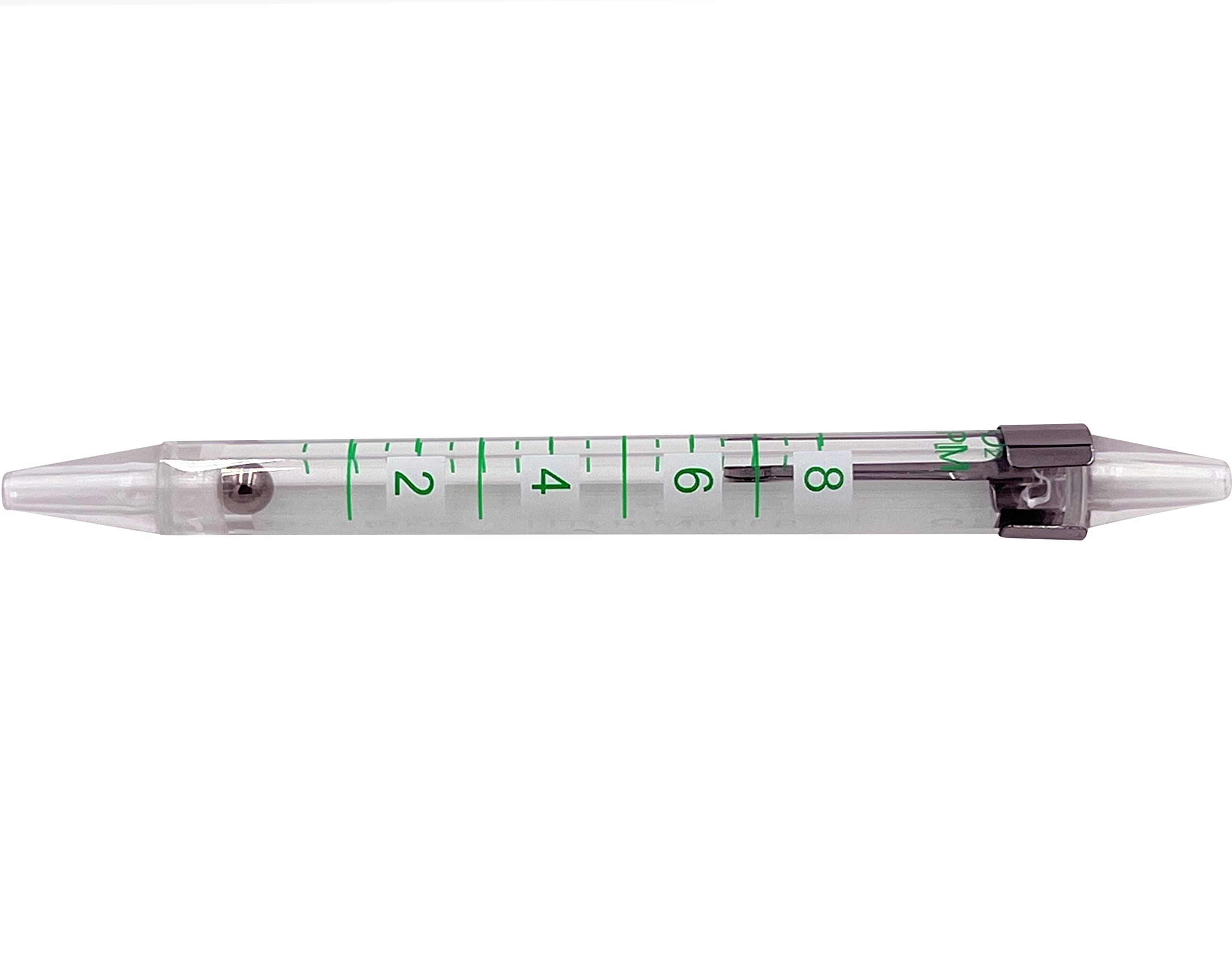 Compact pen-style oxygen flow meter with pocket clip highlighting its portable design for respiratory equipment verification.