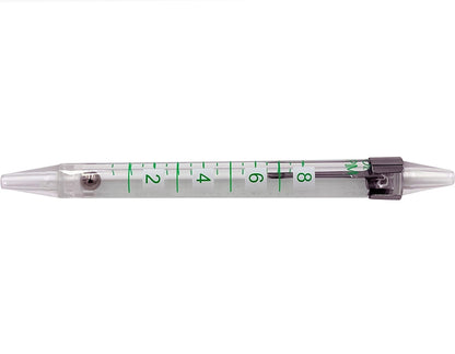 Compact pen-style oxygen flow meter with pocket clip highlighting its portable design for respiratory equipment verification.