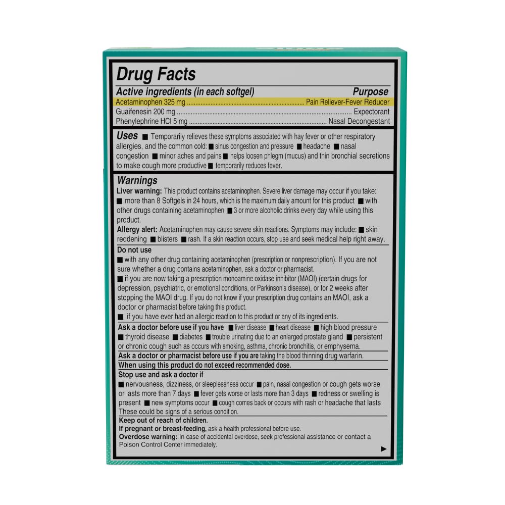 AXIV sinus relief 24 softgels side view showing ingredients