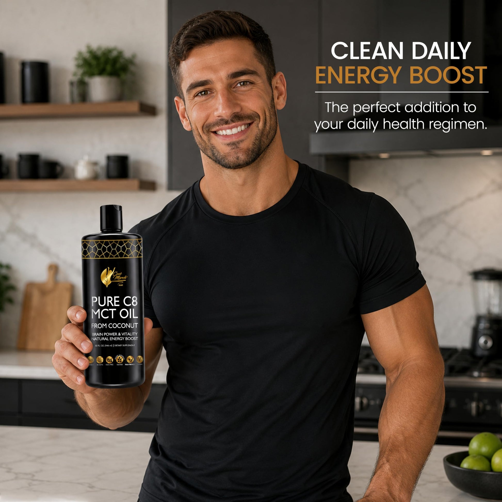 Lifestyle shot of Coco March MCT oil being added to morning coffee