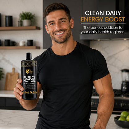 Lifestyle shot of Coco March MCT oil being added to morning coffee