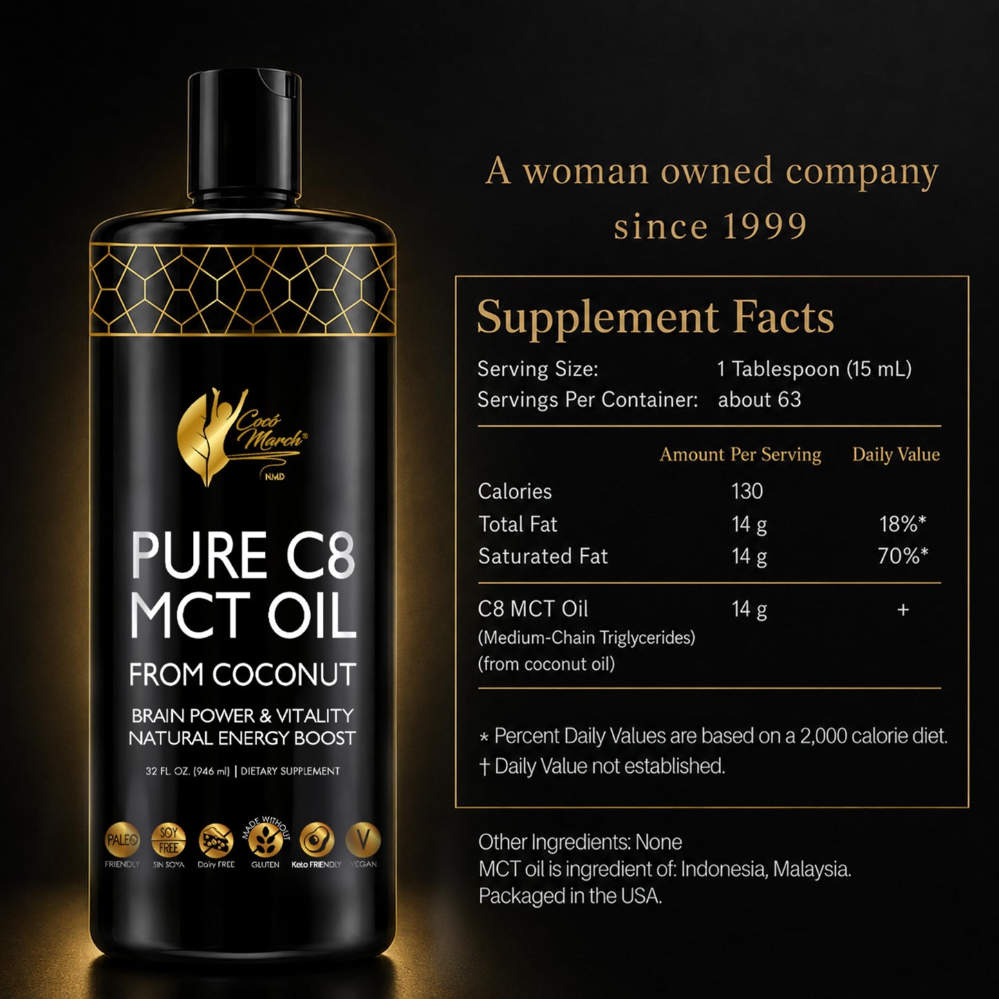Coco March N.M.D. C8 oil packaging highlighting vegan and gluten free status