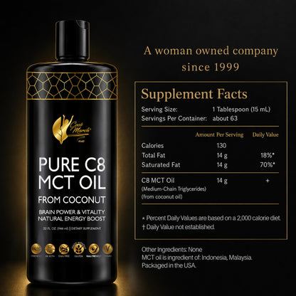 Coco March N.M.D. C8 oil packaging highlighting vegan and gluten free status