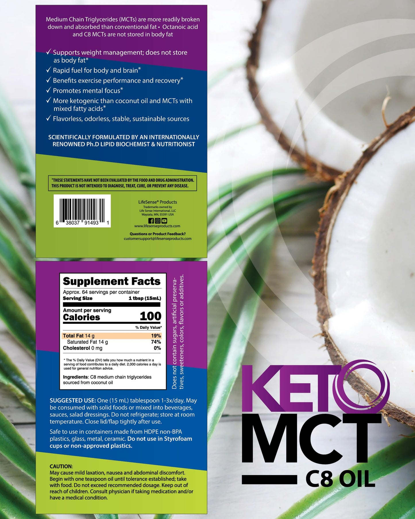 LifeSense Caprylic Acid liquid supplement nutrition label showing pure coconut sourcing ingredients